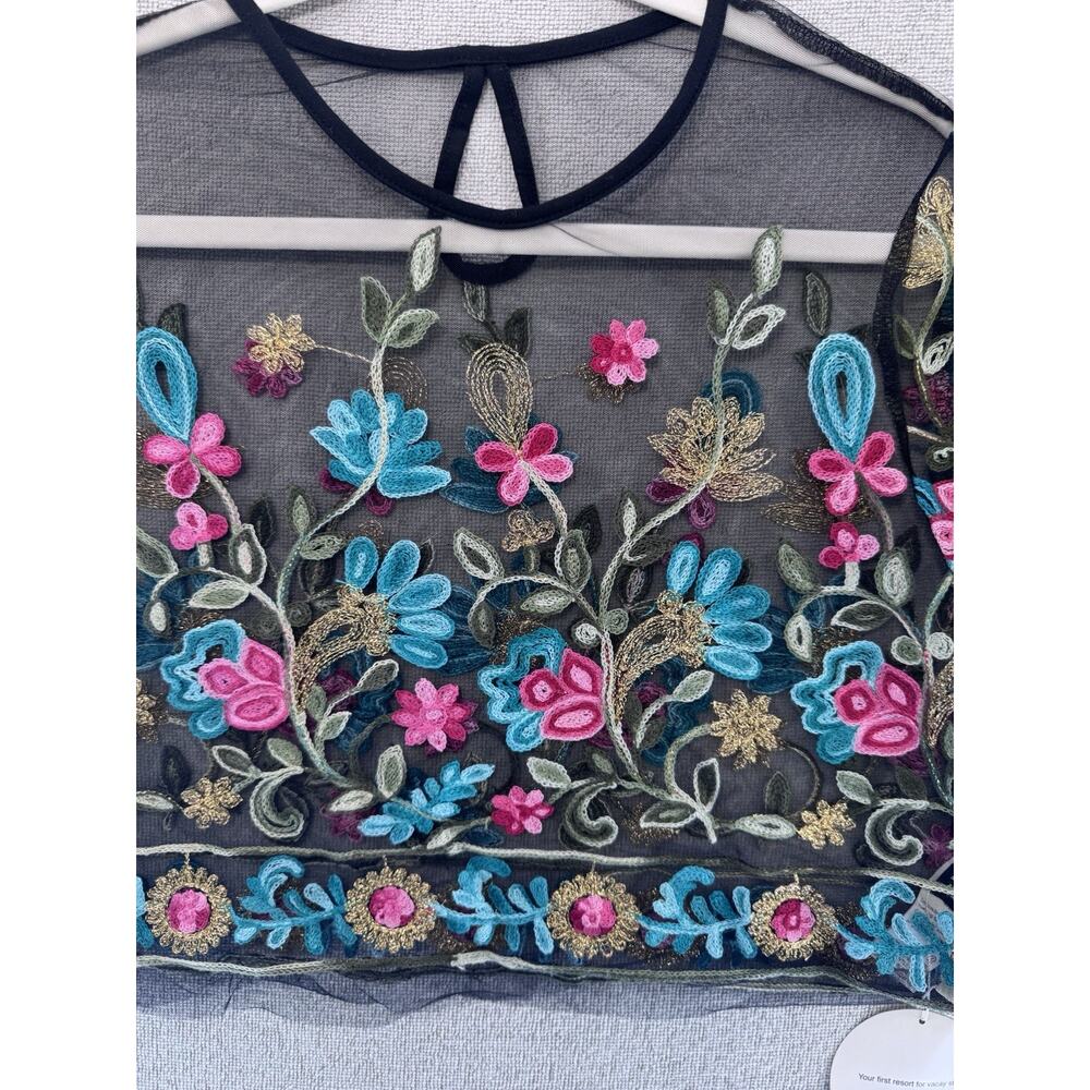 SHEIN VCAY Embroidered Floral Mesh Crop Top Women’s XL Black Sheer NWT - Picture 12 of 14